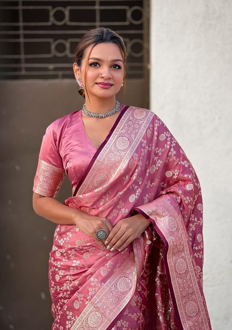 Pink Zari Woven Silk Saree Set