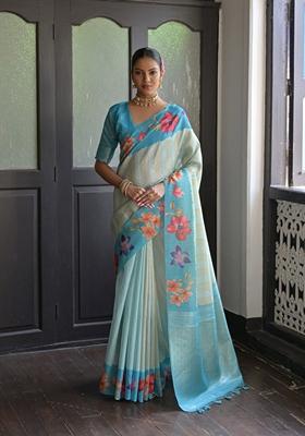 Blue Abstract Print Art Silk Saree Set