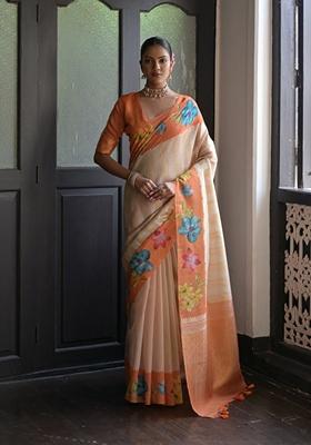 Orange Abstract Print Art Silk Saree Set