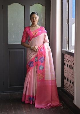 Pink Abstract Print Art Silk Saree Set