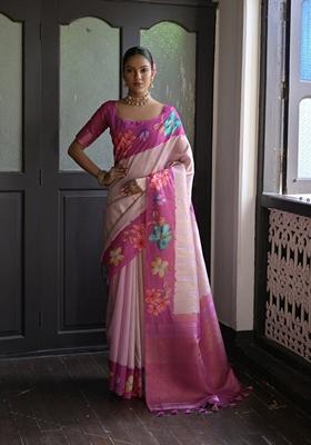 Purple Abstract Print Art Silk Saree Set