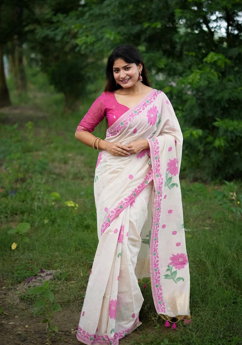 Off White Abstract Print Cotton Saree Set