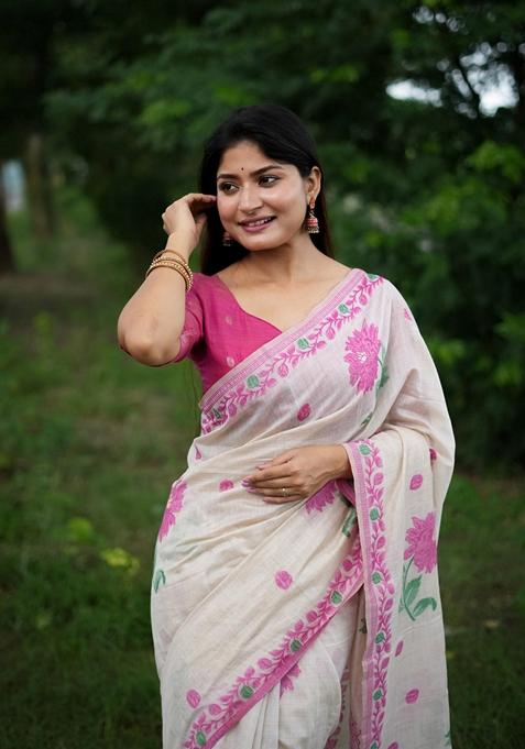 Off White Abstract Print Cotton Saree Set