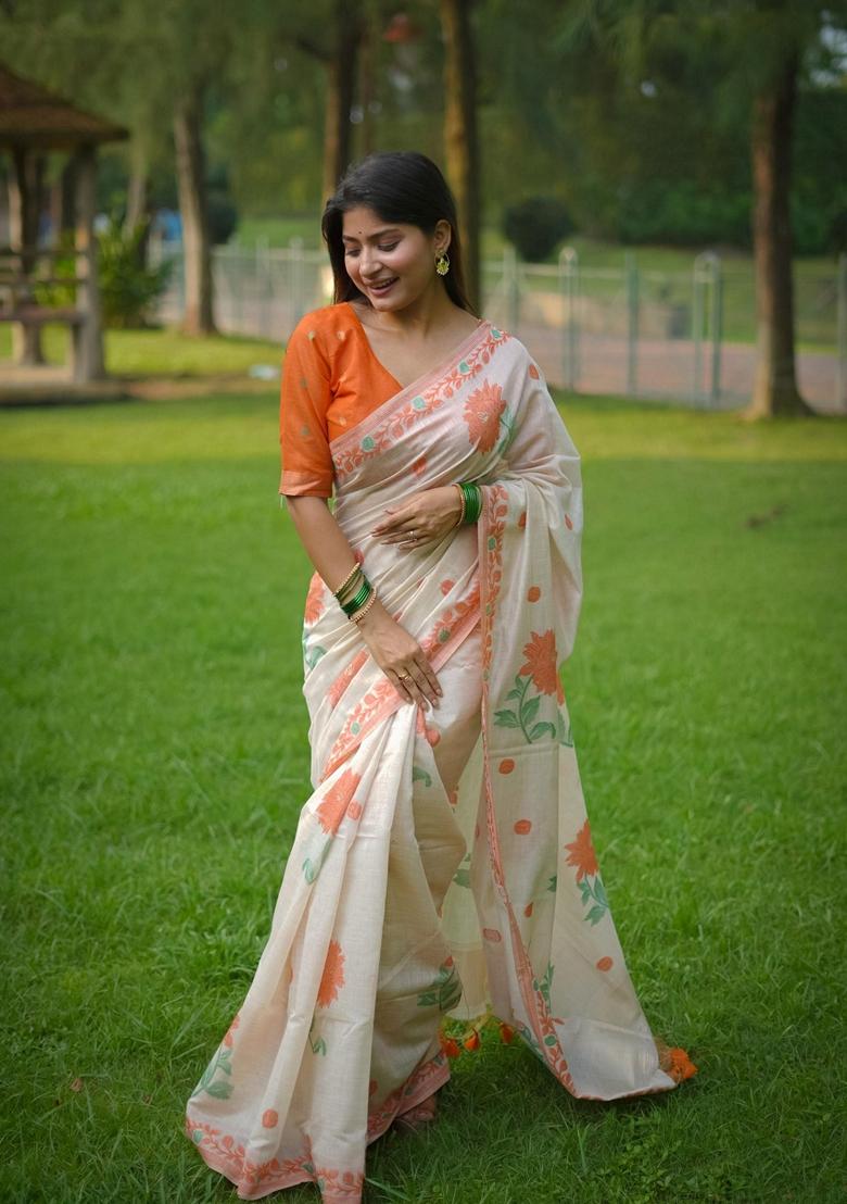 Off White Abstract Print Cotton Saree Set