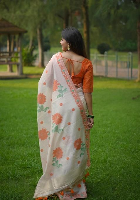 Off White Abstract Print Cotton Saree Set