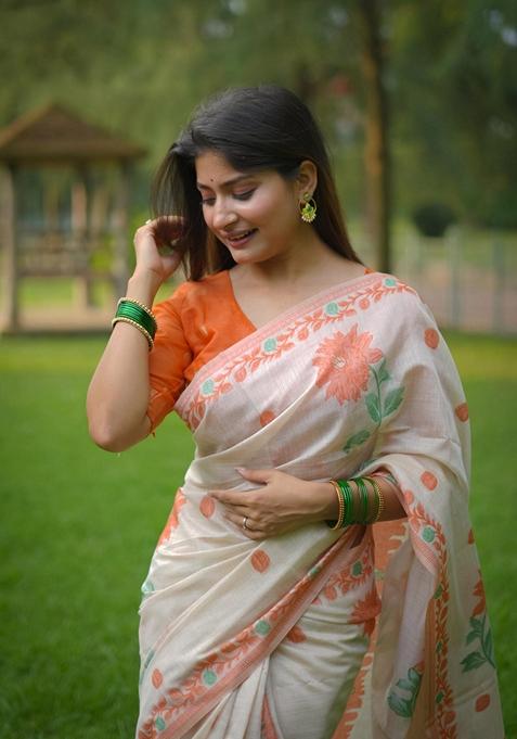 Off White Abstract Print Cotton Saree Set