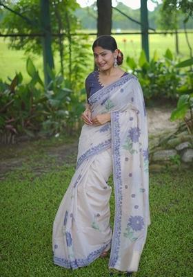 Off White Abstract Print Cotton Saree Set