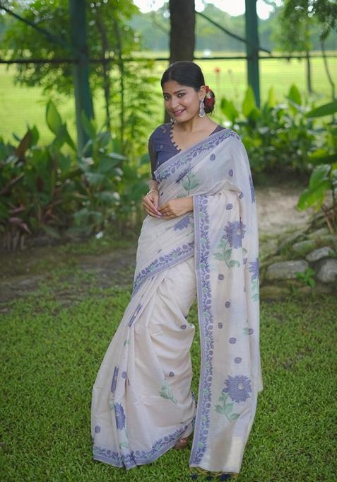 Off White Abstract Print Cotton Saree Set
