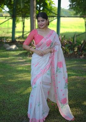 Off White Abstract Print Cotton Saree Set
