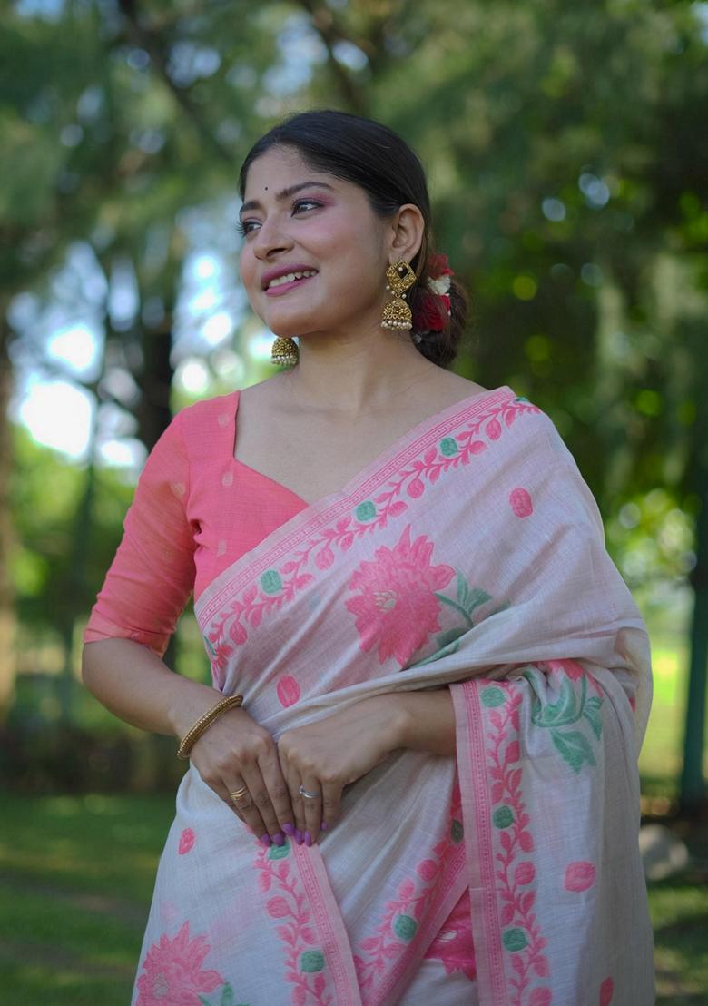 Off White Abstract Print Cotton Saree Set