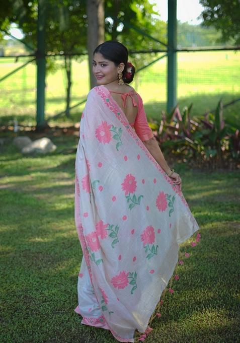 Off White Abstract Print Cotton Saree Set