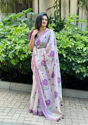 Off White Abstract Print Cotton Saree Set