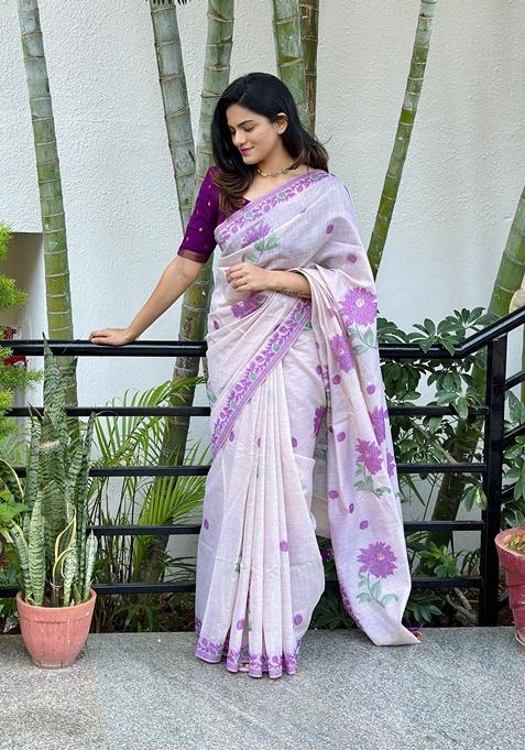 Off White Abstract Print Cotton Saree Set