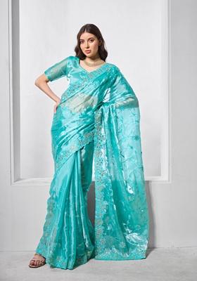 Blue Resham Embroidered Chiffon Saree Set