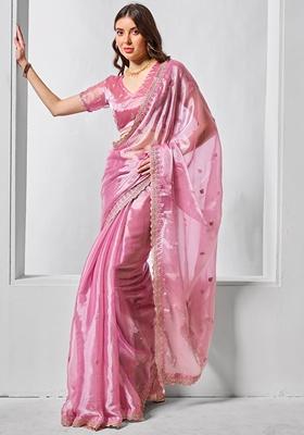 Pink Resham Embroidered Chiffon Saree Set