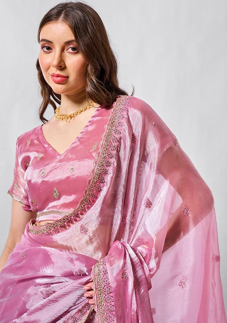 Pink Resham Embroidered Chiffon Saree Set