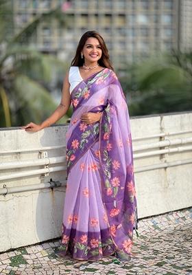 Purple Abstract Print Chanderi Saree Set