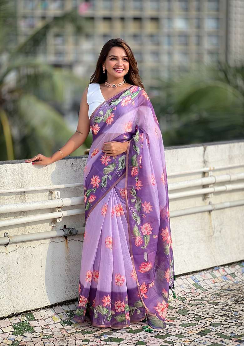 Purple Abstract Print Chanderi Saree Set - Indya