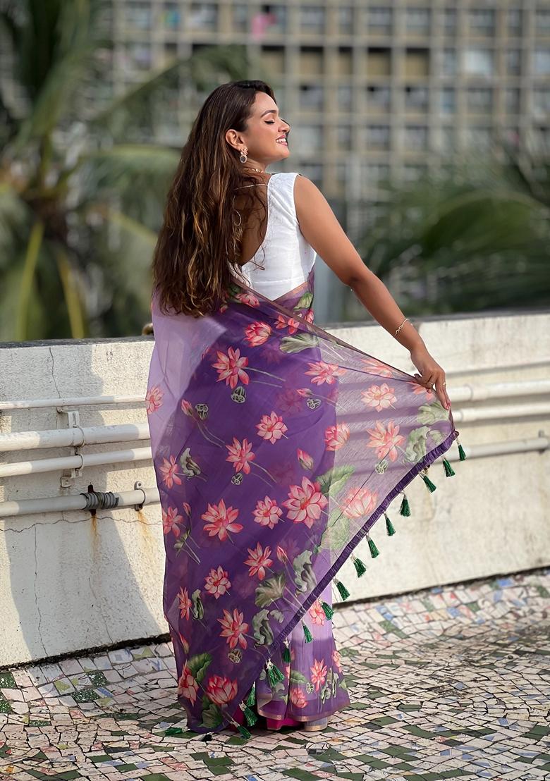 Purple Abstract Print Chanderi Saree Set