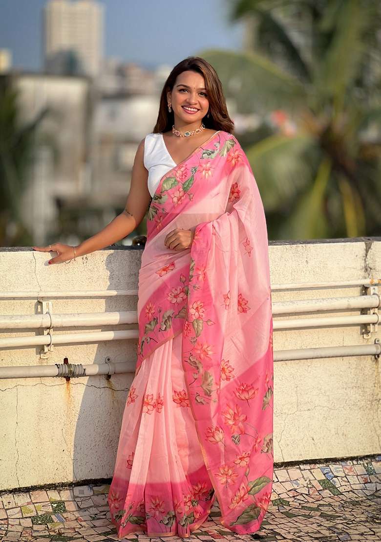 Pink Abstract Print Chanderi Saree Set - Indya