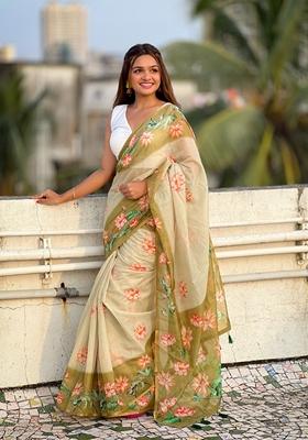 Green Abstract Print Chanderi Saree Set