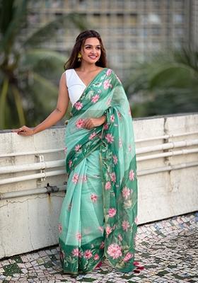 Sea Green Abstract Print Chanderi Saree Set