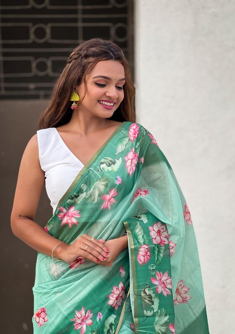 Sea Green Abstract Print Chanderi Saree Set