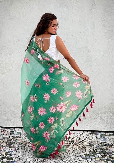 Sea Green Abstract Print Chanderi Saree Set
