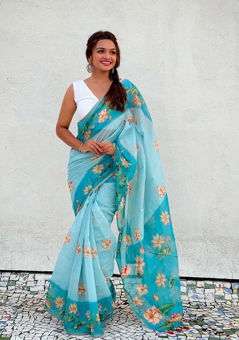 Blue Abstract Print Chanderi Saree Set - Indya