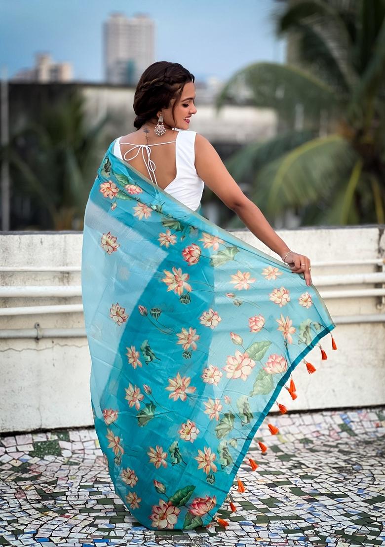 Blue Abstract Print Chanderi Saree Set