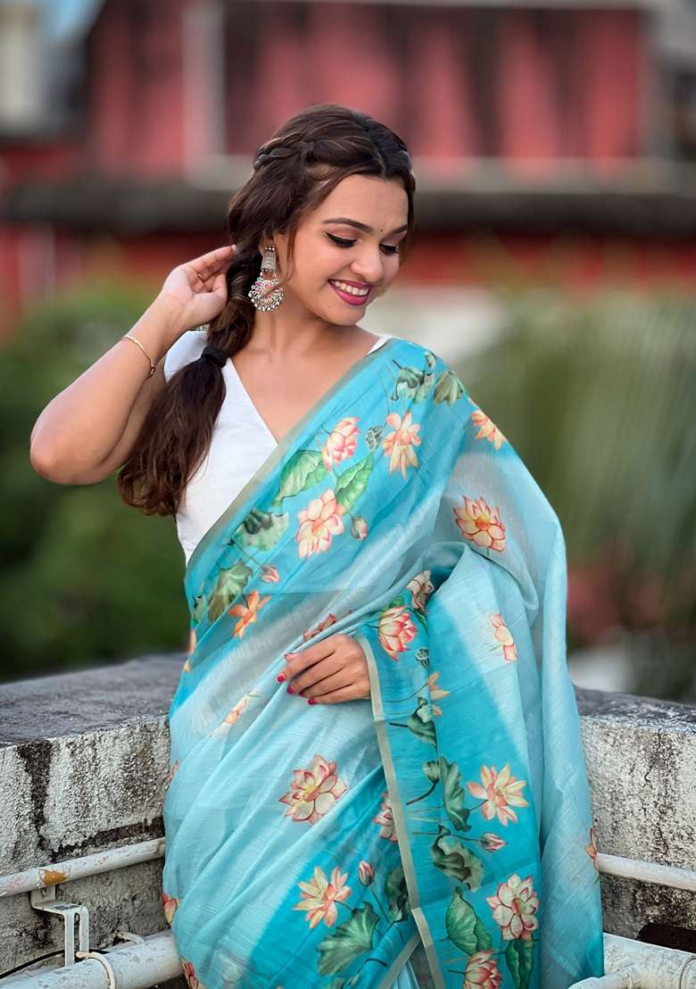 Blue Abstract Print Chanderi Saree Set - Indya