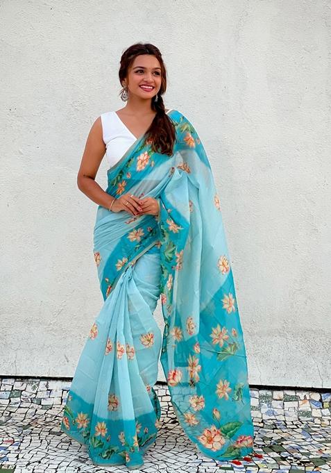 Blue Abstract Print Chanderi Saree Set