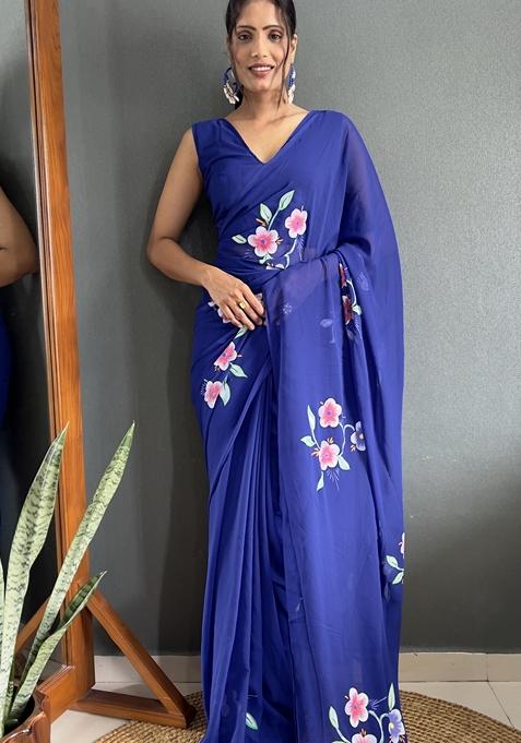 Blue Hand Print Georgette Saree Set