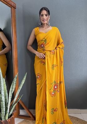 Mustard Hand Print Georgette Saree Set