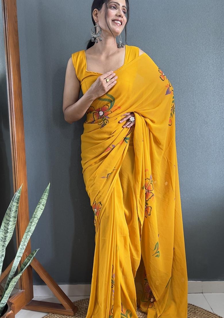 Mustard Hand Print Georgette Saree Set