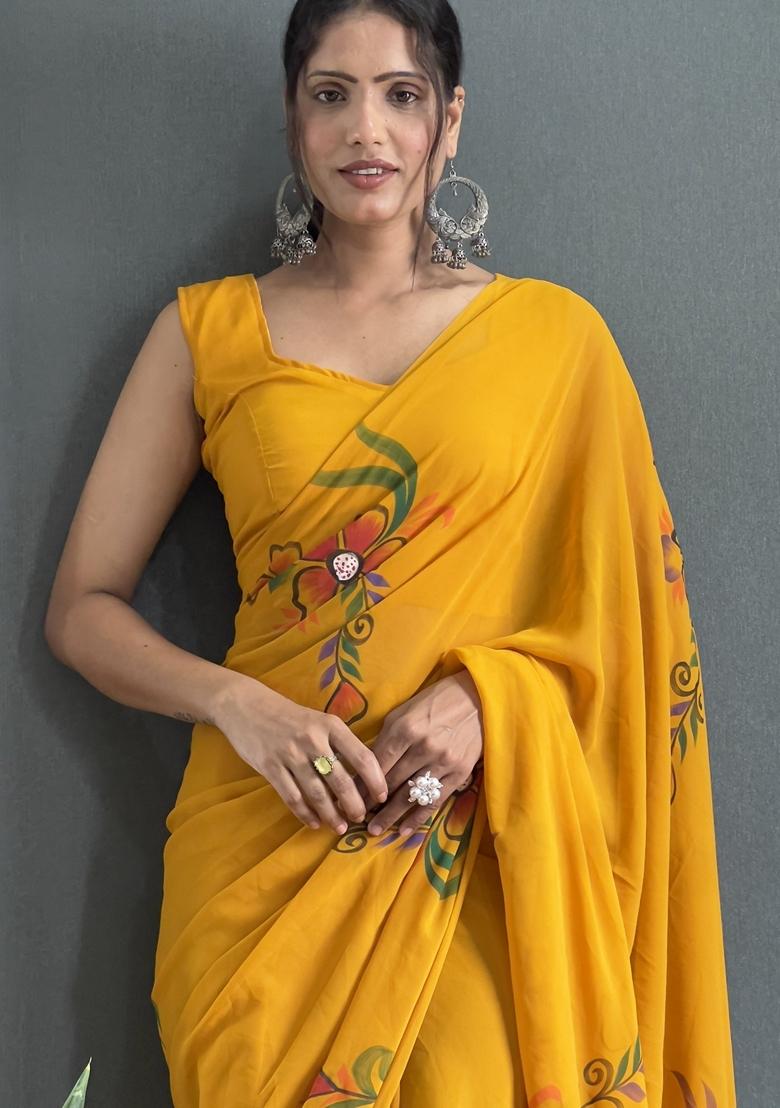 Mustard Hand Print Georgette Saree Set
