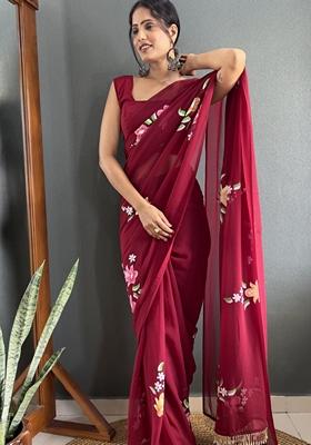 Maroon Hand Print Georgette Saree Set