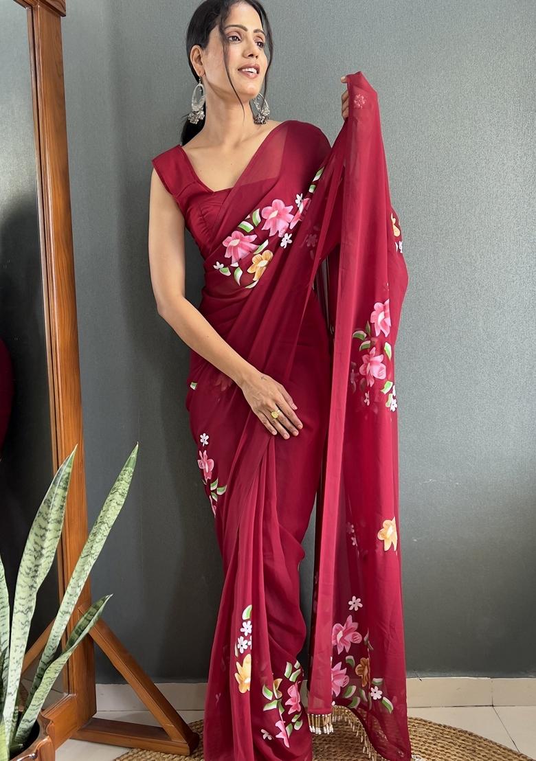 Maroon Hand Print Georgette Saree Set