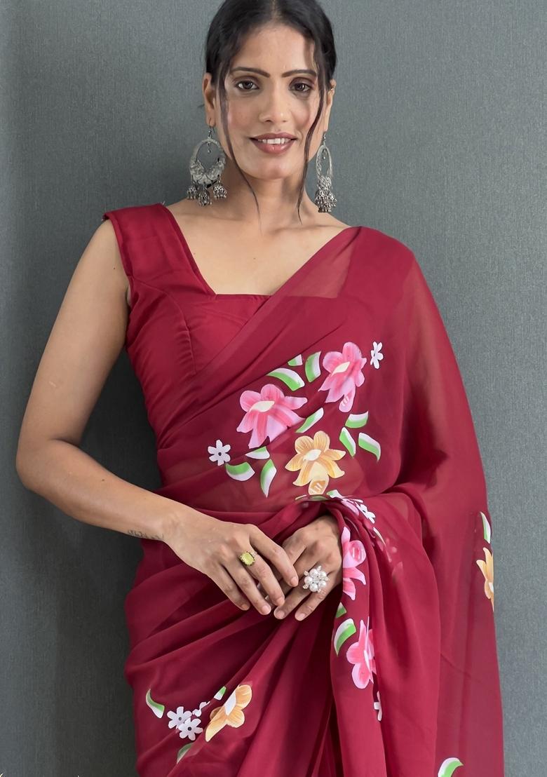 Maroon Hand Print Georgette Saree Set