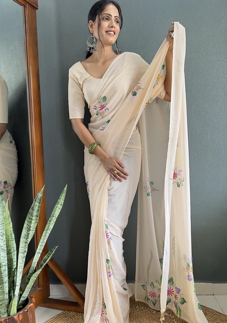 Cream Hand Print Georgette Saree Set