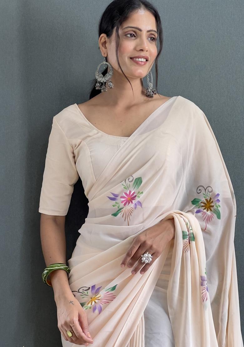 Cream Hand Print Georgette Saree Set