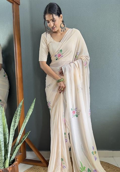 Cream Hand Print Georgette Saree Set