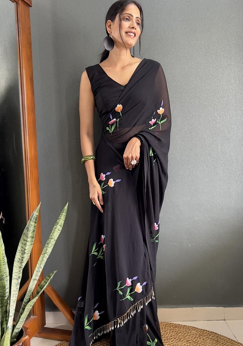Black Hand Print Georgette Saree Set