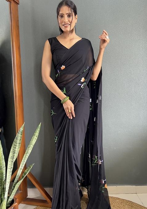 Black Hand Print Georgette Saree Set
