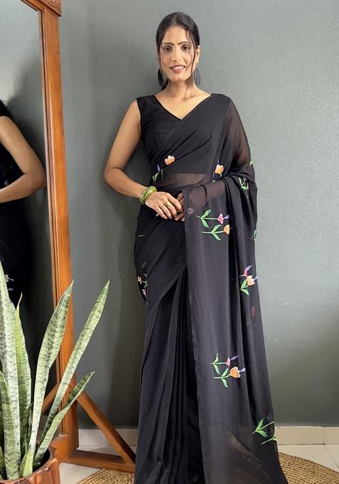 Black Hand Print Georgette Saree Set