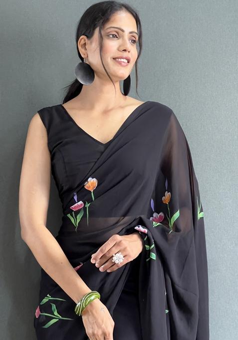 Black Hand Print Georgette Saree Set
