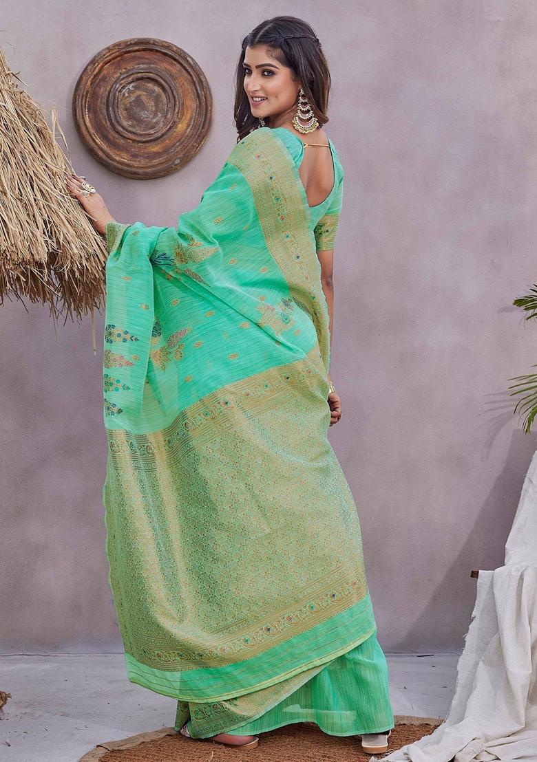 Sea Green Zari Woven Linen Saree Set