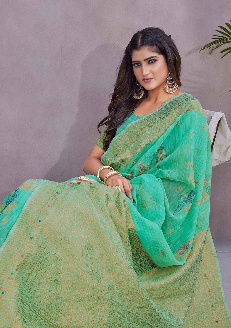 Sea Green Zari Woven Linen Saree Set
