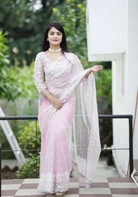 Grey Sequin Embroidered Net Saree Set