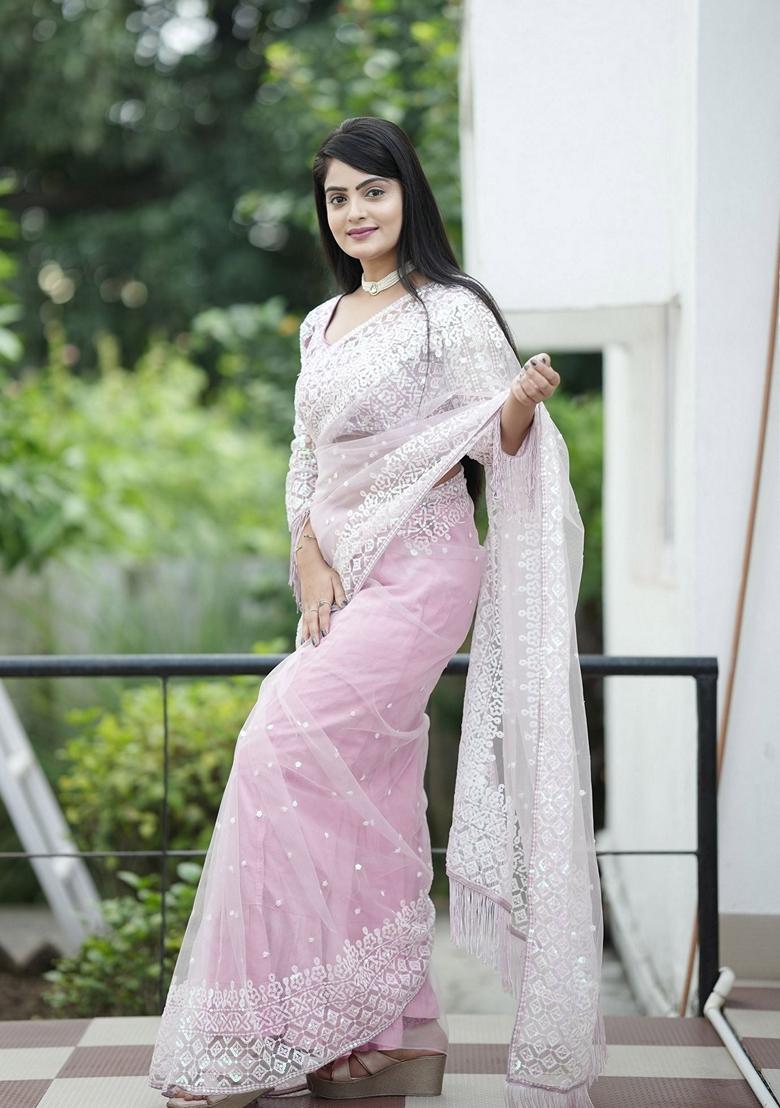 Grey Sequin Embroidered Net Saree Set